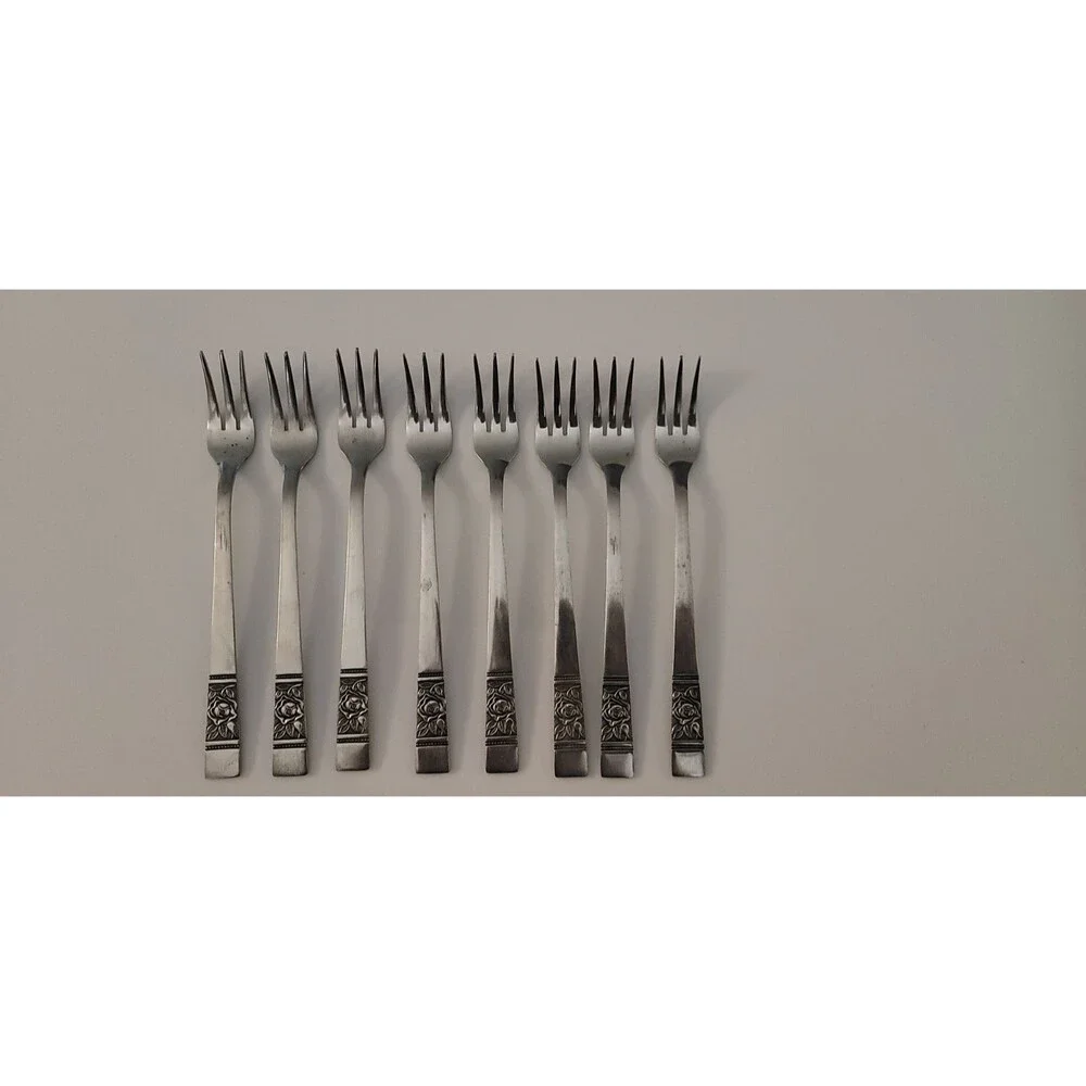 Set of 8 VTG National Stainless Laureen Rose Cocktail Forks Stainless Flatware